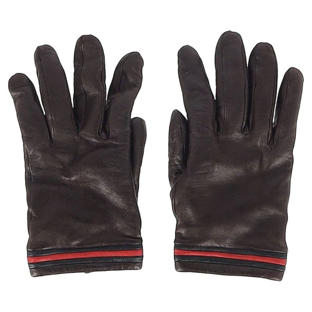 Gucci Brown Leather Gloves with Red and Black Stripe